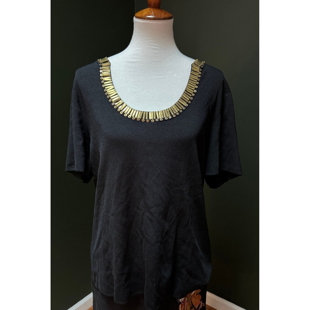 Cable & Gauge Black Gold Embellished Neckline Short Sleeve Top Women's Size 2X